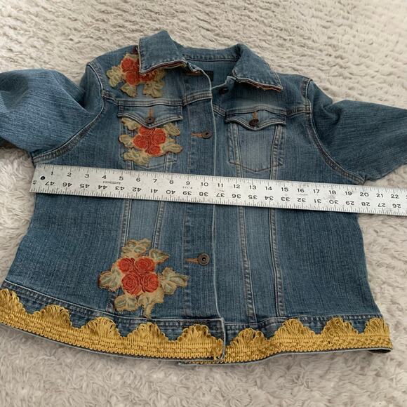 Vintage Handmade Floral Embellished Women’s Denim Blue Jean Jacket 90s - Picture 7 of 10